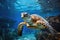 Hawaiian Green Sea Turtle Chelonia mydas, Hawksbill Turtle in deep sea, AI Generated