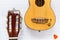 Hawaiian guitar and acoustic Guitar neck and strings. Musical instruments ideal for learning to play. Music and sheet music. Music