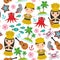 Hawaiian Hula Dancer Kawaii boy girl seamless pattern, set of Hawaii symbols with a guitar ukulele flowers parrot fish crab octopu