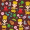 Hawaiian Hula Dancer Kawaii boy girl seamless pattern, set of Hawaii symbols with a guitar ukulele flowers parrot fish crab octopu