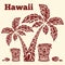 Hawaiian illustration with palm trees, totem totake and sea stones in the form of traditional Polynesian patterns.