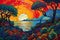 Hawaiian landscapes rendered in bright abstract pointillist style, with dabs of color merged together to form volcanic cliffs,