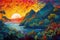 Hawaiian landscapes rendered in bright abstract pointillist style, with dabs of color merged together to form volcanic cliffs,