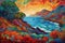 Hawaiian landscapes rendered in bright abstract pointillist style, with dabs of color merged together to form volcanic cliffs,