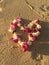 Hawaiian lei of orchids flowers on sand under sunset sun