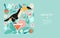 Hawaiian party banner template with toucan sitting on a glass with a cocktail, tropical plants, maracas and shells