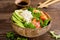 Hawaiian poke coconut bowl with grilled salmon fish, rice and avocado. Healthy food