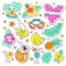 Hawaiian retro patch set. Fashionable pins 80s-90s style. Colorful drawings of fruits, drinks, beach wear, leaves, exotic flowers.