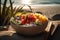 Hawaiian salmon poke bowl with rice, avocado, cucumber and mango on the beach