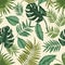 Hawaiian seamless pattern with exotic foliage. Tropical backdrop with leaves of jungle plants and palm branches. Natural