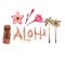 Hawaiian simbols - Luau, Aloha, Tiki, palm tree, Plumeria. Watercolor illustration. Isolated on white.
