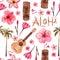 Hawaiian simbols - Luau, Aloha, Tiki, Ukulele, Plumeria, hibiscus, palm tree. Seamless pattern