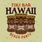 Hawaiian tiki wooden heads vector colorful emblem, badge, label, sticker or logo in cartoon style on background with