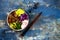 Hawaiian tuna poke bowl with seaweed, avocado, red cabbage, radishes and black sesame seeds.