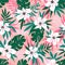 Hawaiian vector seamless pattern with pink flowers and green leaves. Stylish floral endless print for summer fabric design.