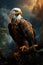 Hawk sit on branch. Mountain landscape background. Created with Generative AI