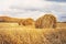 Hay bale. Agriculture field with sky. Rural nature in the farm land. Straw on the meadow. Wheat yellow golden harvest in summer. C