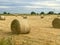 Hay bale rolled round straw in field background with cloudy sky and copy space