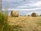 Hay bale rolled round straw in field background with cloudy sky and copy space