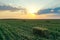 Hay block on mowed field on day. Agricultural industry