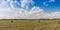 Hay in rolls on the field, against the background of a blue sky with clouds