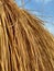 hay straw hat umbrella sandy yellow sky blue background