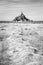 Hay windrows drying in the sun in front of the Mont Saint-Michel tidal island in Normandy, France