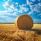 Hayfield serenity Landscape with a solitary hay bale under blue