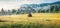 Haymaking in a Carpathian village. Panoramic summer view of foggy mountain, Kolochava village location, Ukraine, Europe. Beauty of