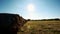 Haystack agriculture field landscape. Agricultural machinery cultivates fields.