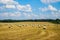 Haystack agriculture field landscape. Agriculture field hay stacks. Hay bale drying in the field at harvest time