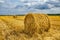 Haystack agriculture field landscape. Agriculture field haystacks. rural yellow field