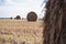 Haystack in the field. haymaking. agricultural work. field work in the village.