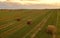 Haystack in field on sunset. Hay bale from residues grass. Hay stack for farm animals. Hay in rolls after round baler working in