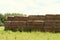 Haystack, group hay bale. Agricultural farm with dry grass (hay), heap of dried grass hay, hay, straw. selective