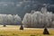 Haystacks in the glade full of frost,mehedinti plateau,romania