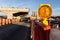 Hazard beacon light at highway construction site for traffic safety