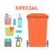 Hazardous and toxic garbage set. Trash container for special