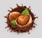 Hazelnut and chocolate splash. 3d vector icon