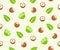 Hazelnut, cobnut, filbert, nut, leaves and plant, seamless vector background, pattern