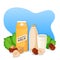 Hazelnut milk in packaging, bottle and glass, vector flat cartoon illustration. Beverage label, sticker design template