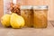 Hazelnut and pear conserve in jars