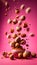 Hazelnuts Creatively Falling-Dripping Flying or Splashing on Pink Background AI Generative