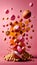 Hazelnuts Creatively Falling-Dripping Flying or Splashing on Pink Background Generative AI