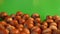 Hazelnuts on a green background. 2 Shots. Slow motion. Vertical pan. Close-up.