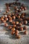 Hazelnuts in kernels, autumn forest fruit harvest, on natural wood