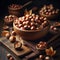 Hazelnuts presented in wooden bowl on wooden table