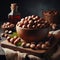 Hazelnuts presented in wooden bowl on wooden table