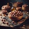 Hazelnuts presented in wooden bowl on wooden table