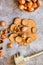 Hazelnuts in the shell in a small bowl and nutcracker. On a gray background